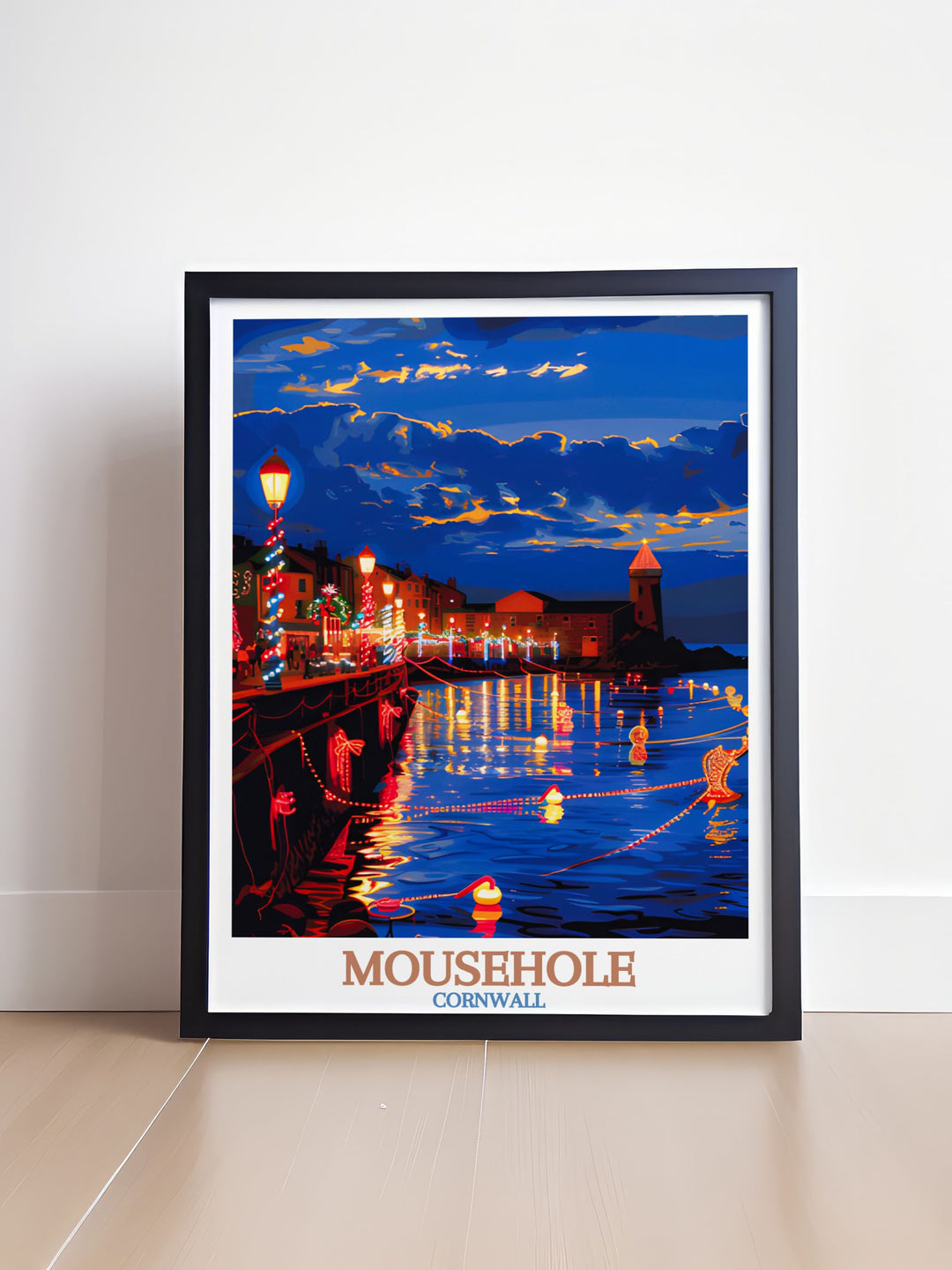 Cornwall Wall Decor featuring a beautiful illustration of Mousehole with Christmas lights perfect for adding elegance to your home decor a wonderful gift for those who love Cornwall and its picturesque villages