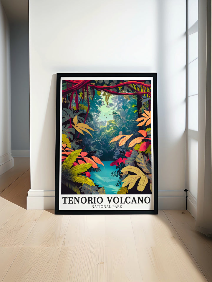 Tenorio Volcano National Park Poster Print featuring vibrant colors and stunning details showcasing Costa Ricas majestic volcano and lush landscape perfect for home decor and gifts.