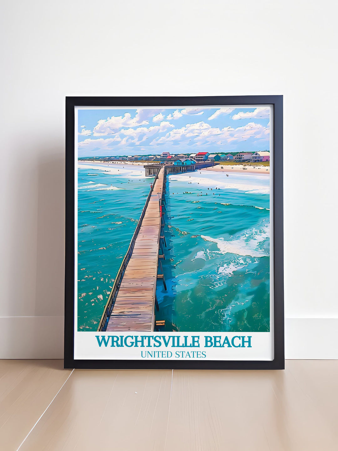 Crystal Pier and Wrightsville Beach come to life in this stunning travel poster print. The minimalist poster art captures the serene atmosphere of North Carolinas coast with a vintage aesthetic that complements both modern and traditional home decor.