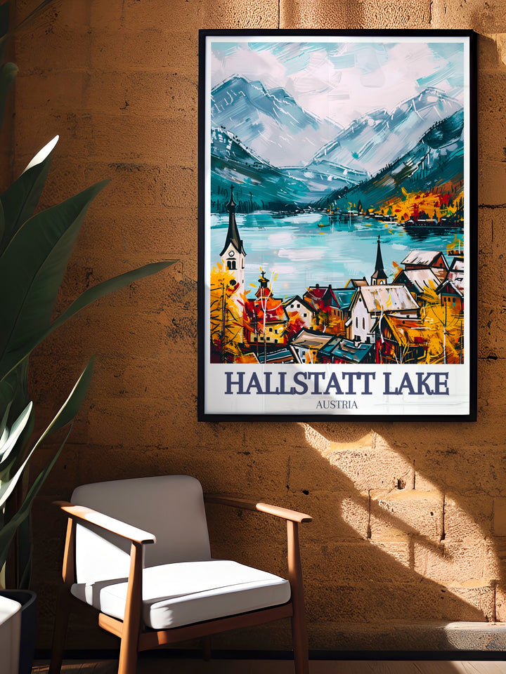 This Hallstatt Lake travel poster beautifully illustrates the peaceful waters of Hallstatt Lake, with the Dachstein mountains towering in the background. The Hallstatt Lutheran Church adds a historical touch, making this print a timeless piece for your home or office.