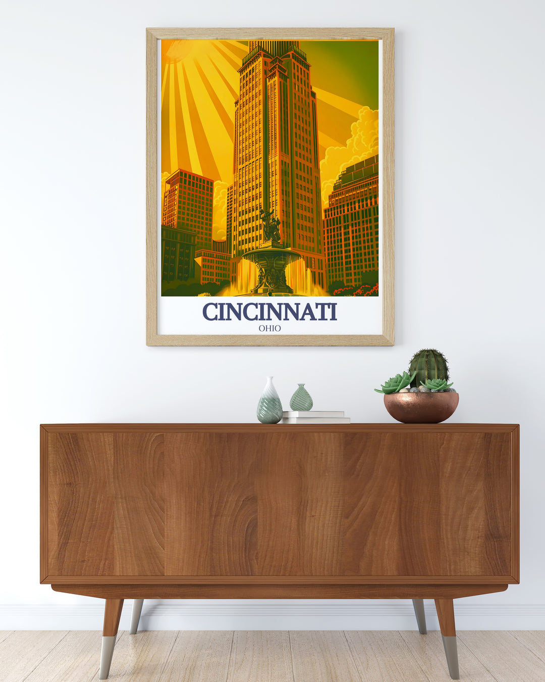 Elegant Cincinnati print of Carew Tower and Tyler Davidson Fountain blending vintage print and modern art elements a standout piece in any collection of city artwork and home decor
