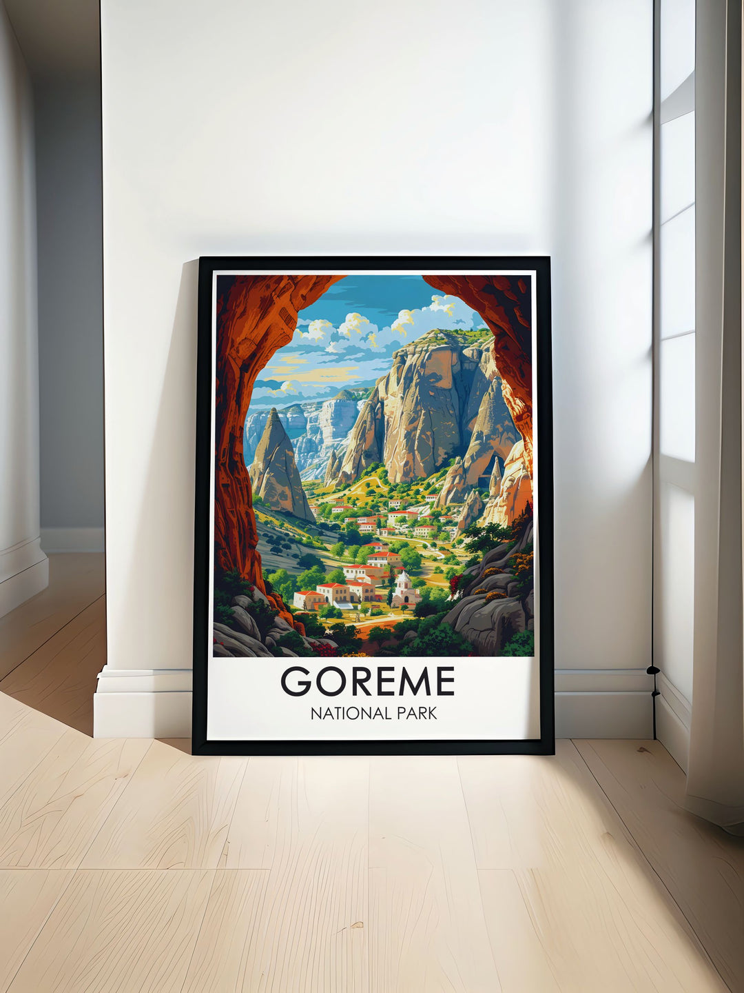 Featuring the magical scenery of Goreme National Park with its distinctive Fairy Chimneys and the fascinating Open Air Museum, this poster brings the enchanting beauty of Cappadocia, Turkey, into your home, perfect for any decor.