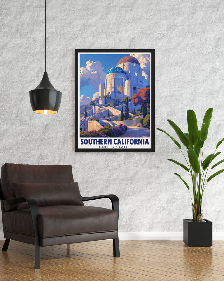 A vibrant Southern California wall art piece highlighting Griffith Observatory, this travel poster is ideal for anyone who loves the sunny charm and iconic landmarks of the West Coast.