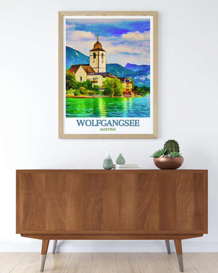 St. Wolfgang Church art print showcasing the iconic church and scenic views of Wolfgangsee. This fine line print highlights the charm and beauty of St. Wolfgang Church, bringing a touch of Austrias cultural heritage into your living space. Perfect for enhancing your home with scenic art.