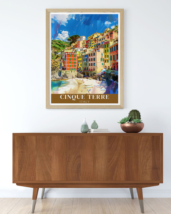 Colorful Monterosso al Mare prints showcasing the unique architecture and vibrant hues of Cinque Terre a perfect addition to any room creating a lively and joyful atmosphere with this fine line print.