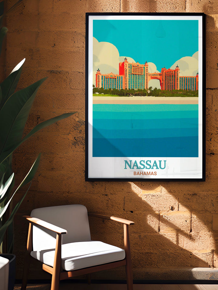 Atlantis Resort Travel Print of Nassau, Bahamas, a stunning representation of the world famous resort. The detailed artwork captures the opulent architecture of Atlantis against the natural beauty of the Caribbean, making this poster a perfect addition to any space, evoking tropical memories or dreams.