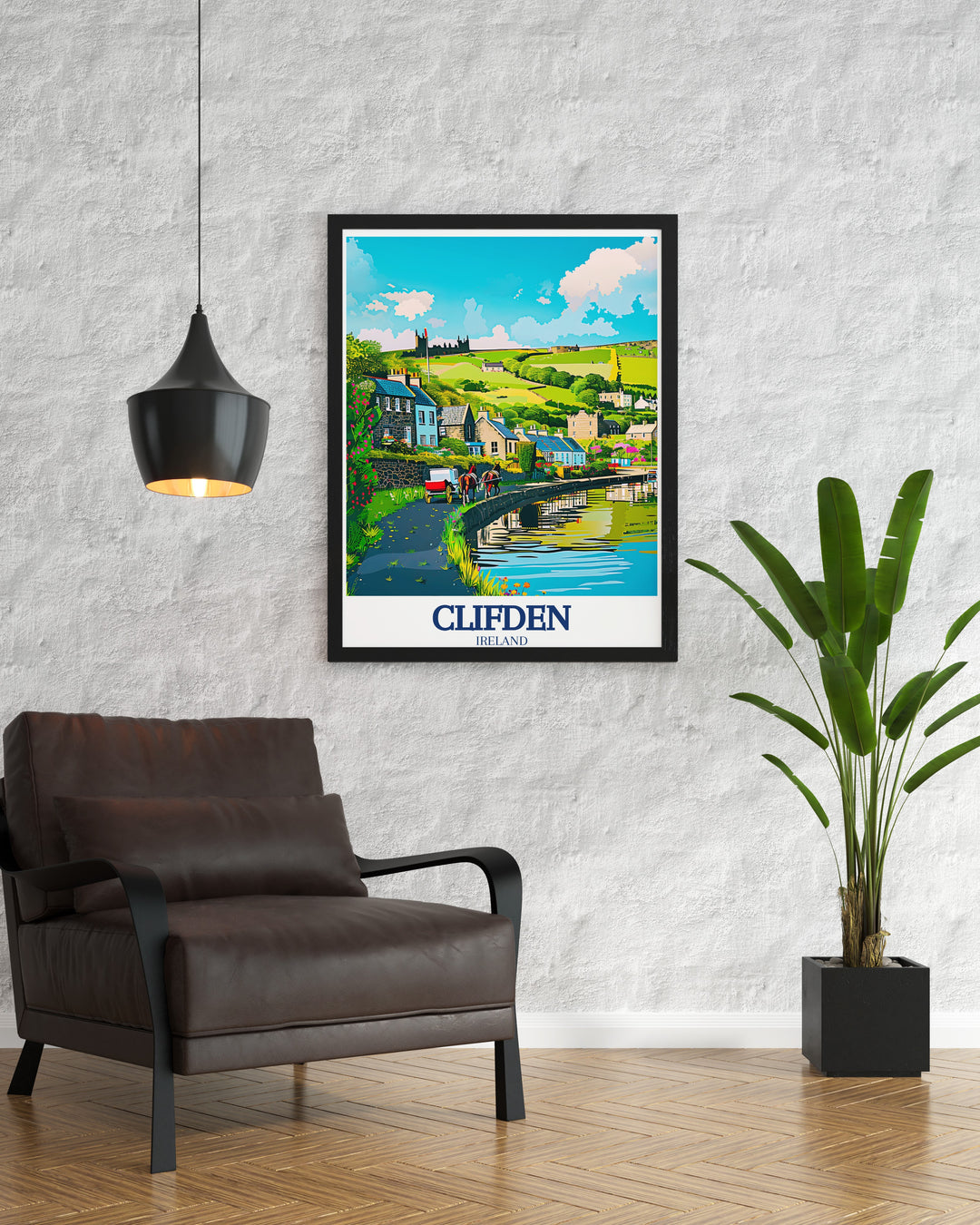 Wall print of Clifden Castle and the Owenglin River, capturing the peaceful atmosphere of Clifden, Ireland. A stunning addition to any room, celebrating Irelands natural and architectural beauty.