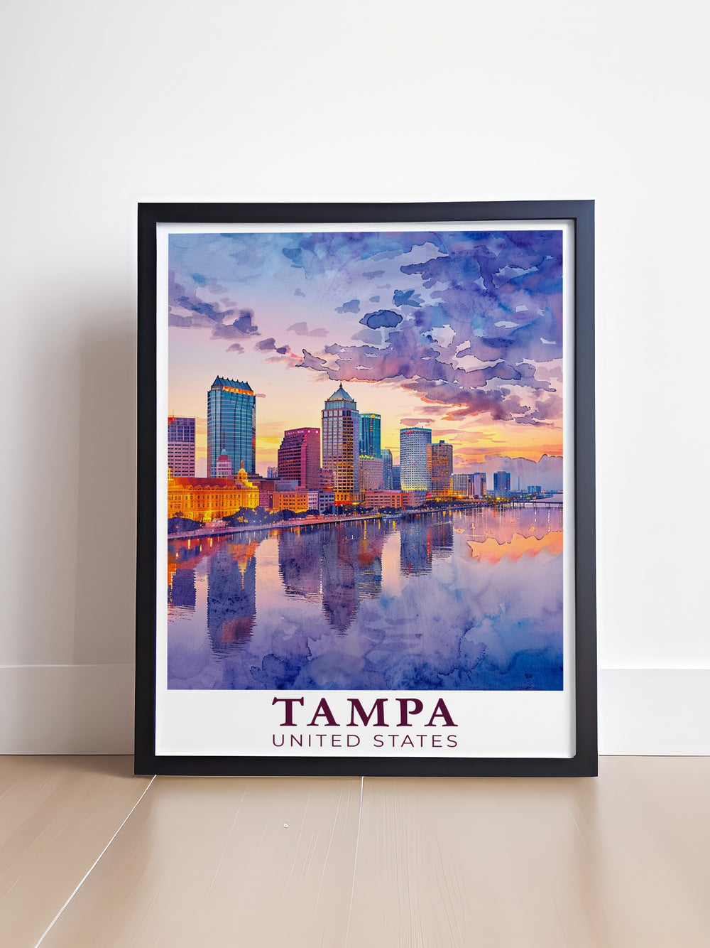 Skyline Tampa Bay Poster Print presents a detailed illustration of Tampas skyline with stunning views of the bay. This Florida travel print is perfect for celebrating the citys charm and beauty, whether as a personalized gift or a decorative piece for your wall.