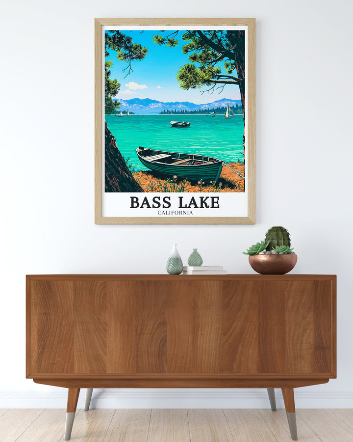 Yosemite California Poster showcasing Bass Lake surrounded by the natural beauty of Sierra Nevada Mountains and Sierra National Forest this USA travel poster adds a touch of elegance to any living space.