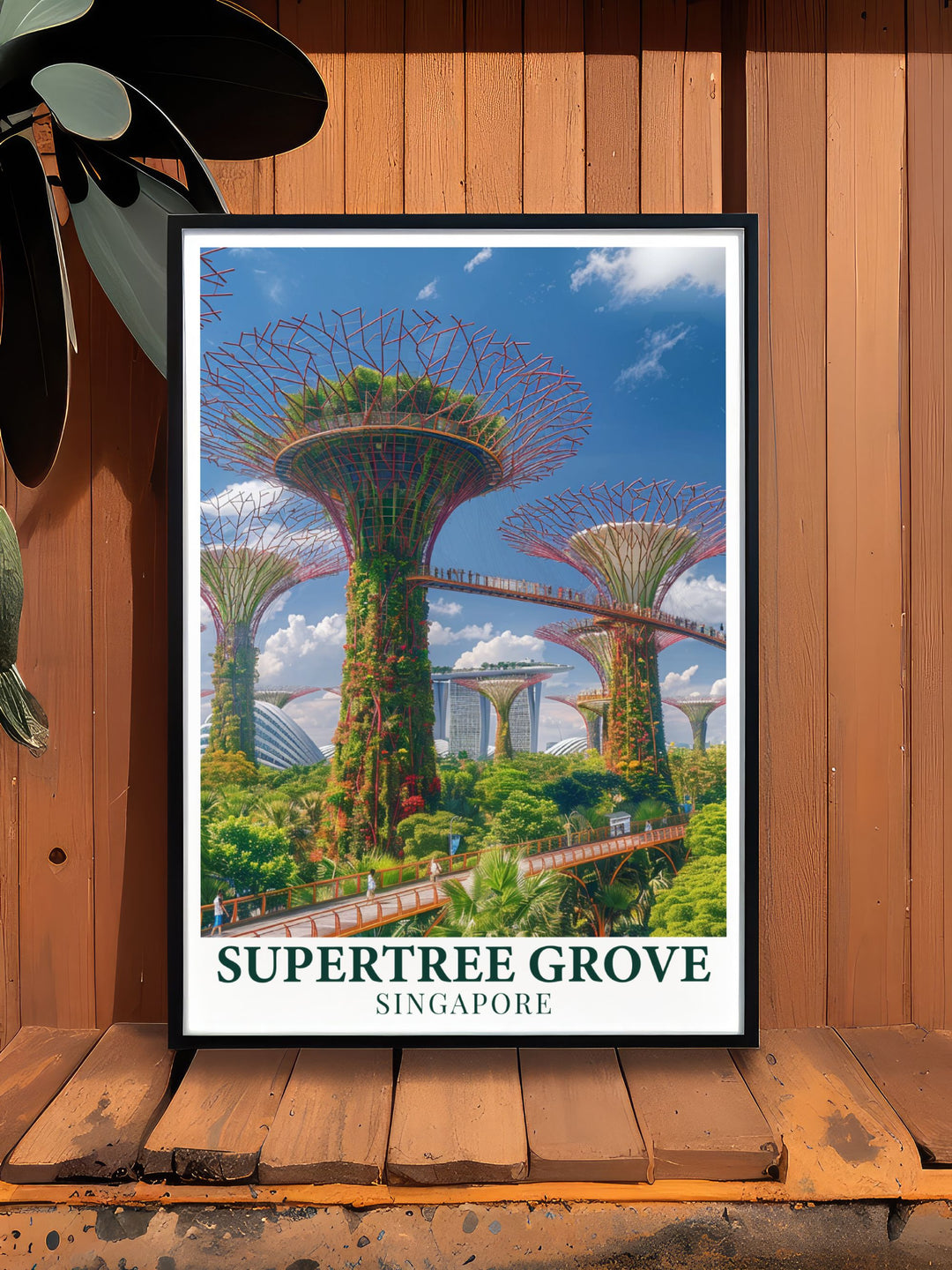 Stunning Daytime art print of Supertree Grove in Singapore. This vibrant artwork brings the beauty of Singapore into your home and makes a perfect gift for those who love travel art and modern design. Ideal for elegant wall decor.