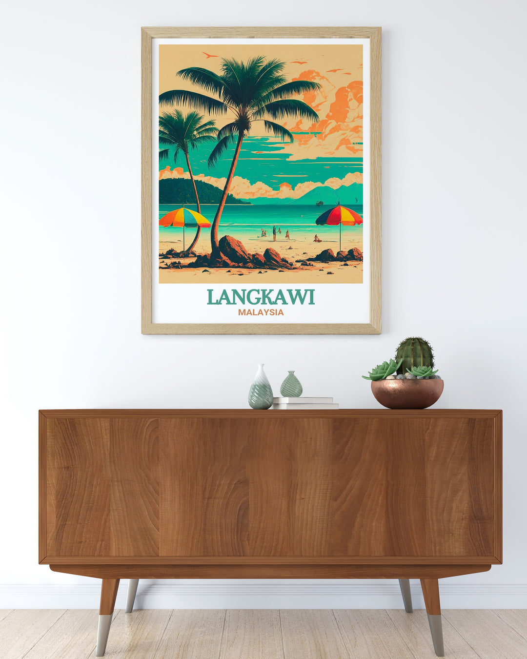 Malaysia travel print of Langkawis Pantai Cenang beach, highlighting its natural beauty with a stunning color palette that captures the essence of a tropical paradise. This travel poster offers a vivid and artistic representation of one of Malaysias most visited beaches, ideal for home or office decor.