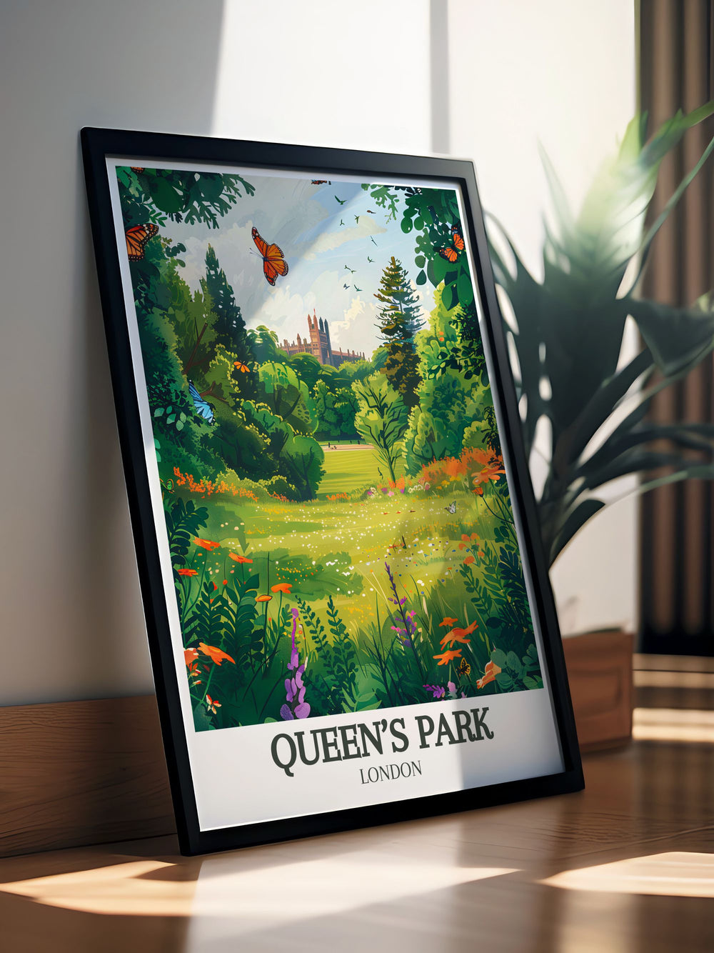 Retro London poster highlighting Queens Park and its iconic bandstand an ideal addition to your collection of London travel posters and vintage prints capturing the timeless charm of Queens Park