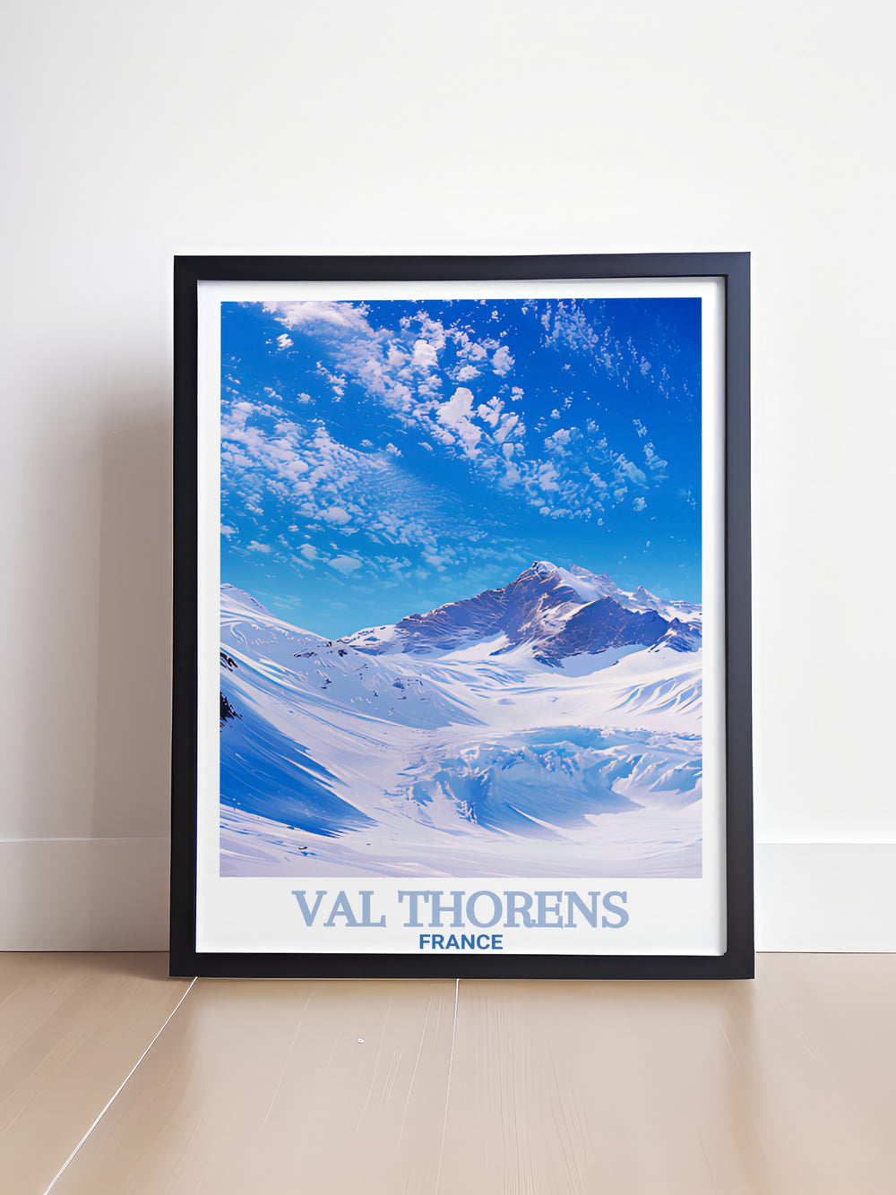 Glacier de Peclet skiing print paired with Val Thorens resort poster brings dynamic energy to any living space a perfect addition to ski themed wall art collection ideal for creating an adventurous atmosphere in your home with its vivid colors and sharp design.
