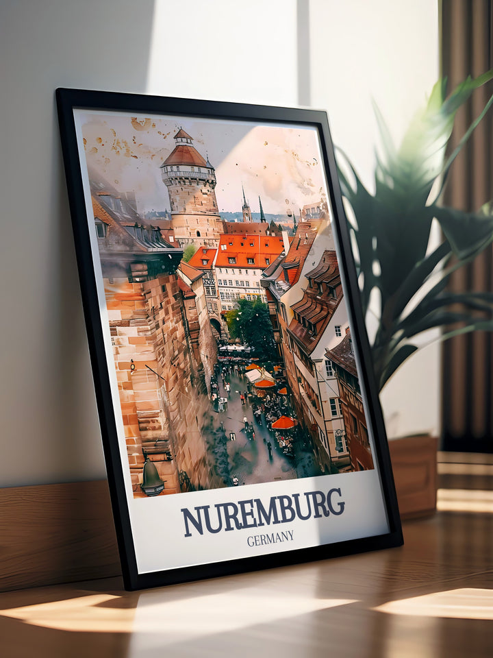 Germany wall art featuring Nuremberg Castle and the lively Hauptmarkt. This travel poster captures the heart of the city in a sleek and modern design, making it a perfect gift for those who appreciate Nurembergs rich history and vibrant culture. Available in framed or digital formats.