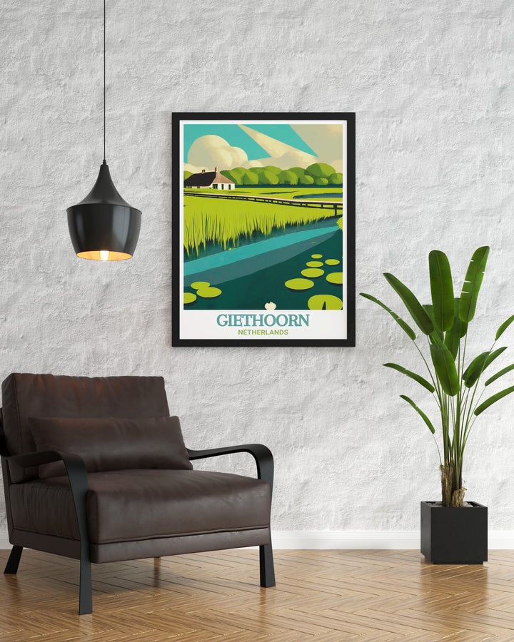 A stunning Giethoorn art print that celebrates the beauty of the Netherlands countryside, including the tranquil canals of Giethoorn and the natural beauty of Weerribben Wieden National Park. This poster is a perfect addition to your collection of travel art.