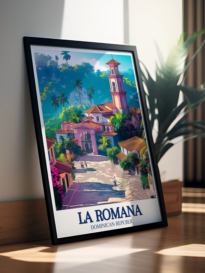 A vibrant art print of La Romanas Altos de Chavón, featuring the picturesque Mediterranean village set against the lush Caribbean landscape. This poster is perfect for travelers and art lovers alike.