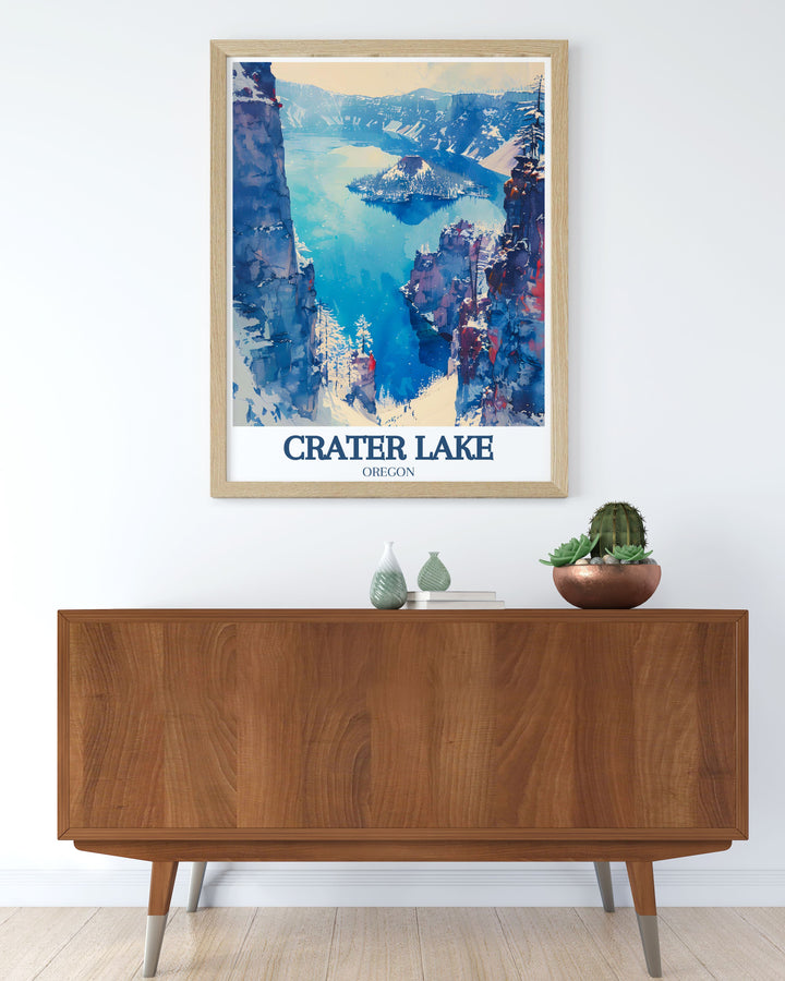 The combination of adventure at Mount Scott and the scenic beauty of Wizard Island is beautifully captured in this vintage travel poster, making it a stunning addition to any wall art collection celebrating national parks.