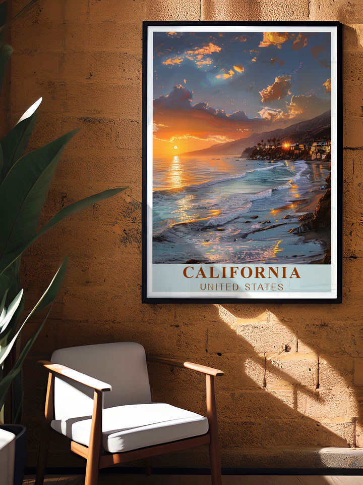 Malibu vintage print featuring the iconic coastline and serene atmosphere of Californias beloved beach town perfect for adding a touch of relaxation and charm to your home decor a beautiful piece for any travel art collection