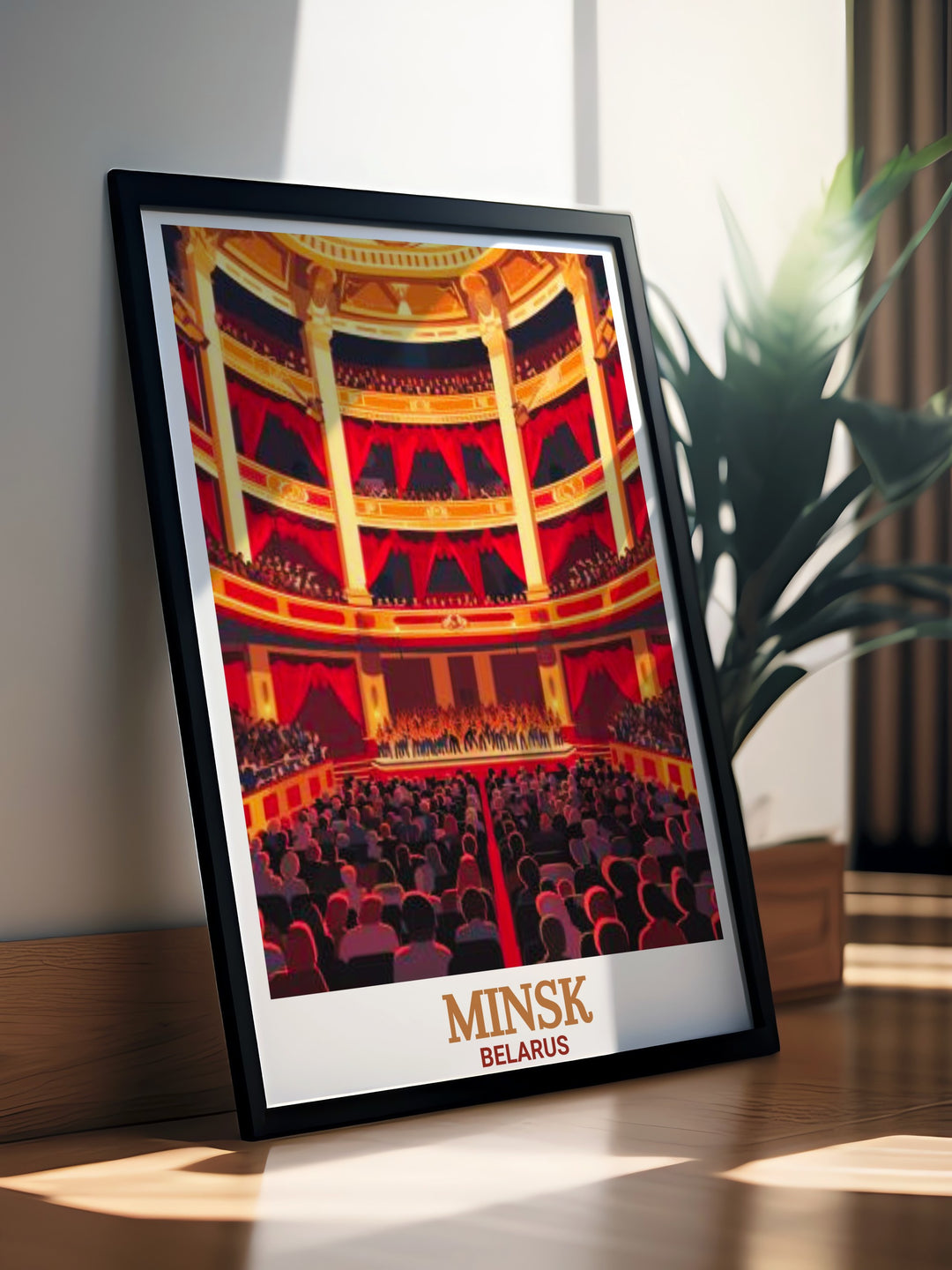 This framed art piece showcases the architectural grandeur of the Minsk National Opera and Ballet Theatre. With its minimalist design and bright colors, this vintage travel print is the perfect addition to any room, bringing Belaruss artistic heritage to life.