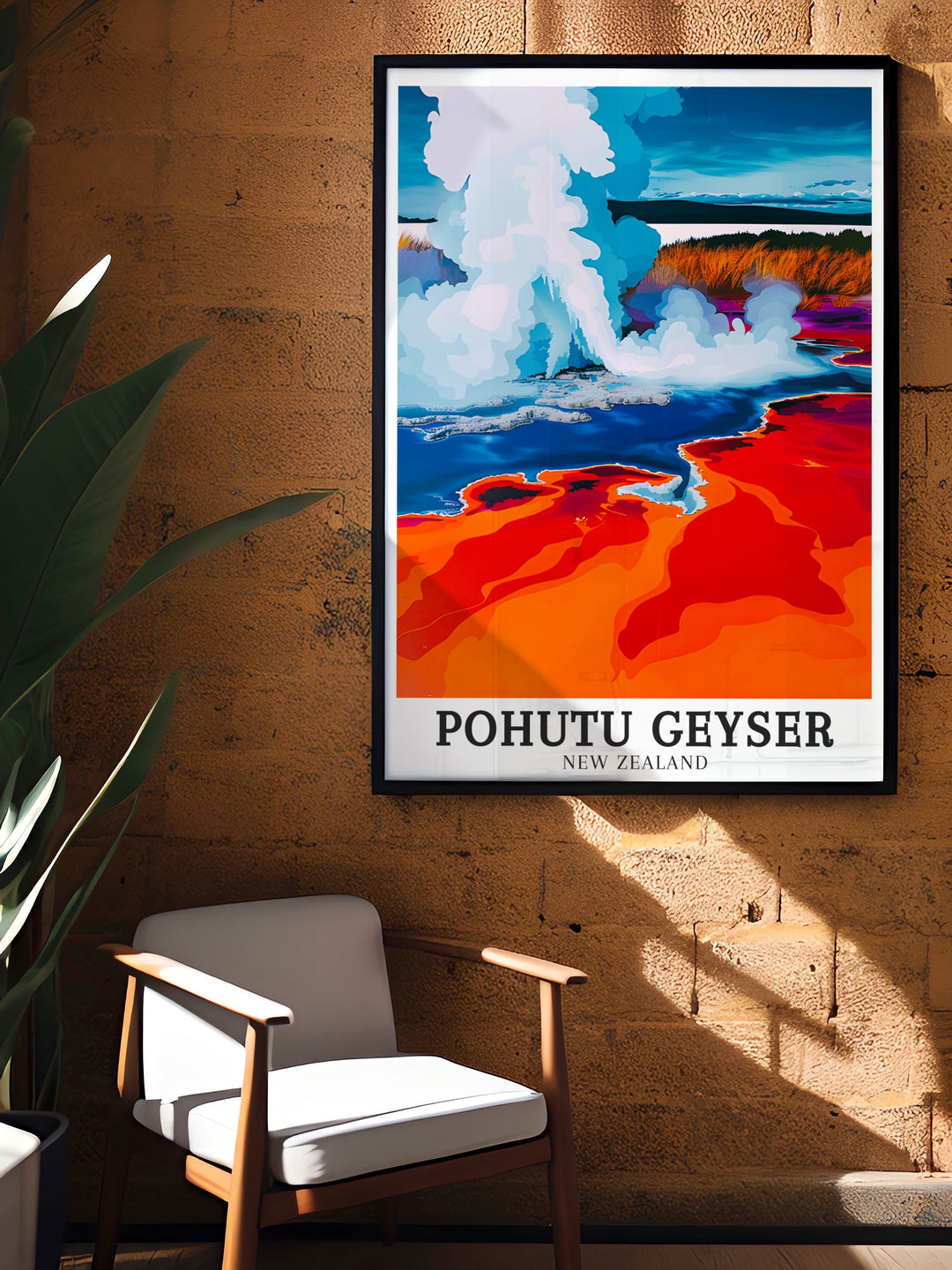 This framed artwork of Pohutu Geyser in Rotorua captures the dynamic nature of New Zealands geothermal landscape. The iconic geyser, surrounded by Te Puias cultural richness, is brought to life in this beautiful print, offering a striking piece for your wall art collection.