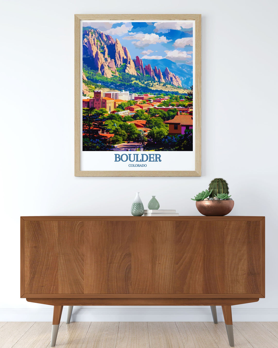 Colorado travel poster with a stunning depiction of the Flatirons in Boulder, offering a picturesque view that transports you to the heart of this scenic and vibrant city, perfect for enhancing your home or office.