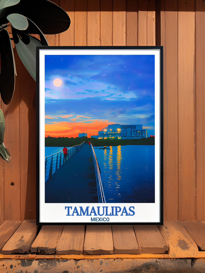 Decorate your space with the stunning Tamaulipas travel poster featuring Reynosa city and Laguna del Carpintero in Tampico. This beautiful city art print brings the best of Mexicos cultural and natural landscapes into your home for a stylish modern look.