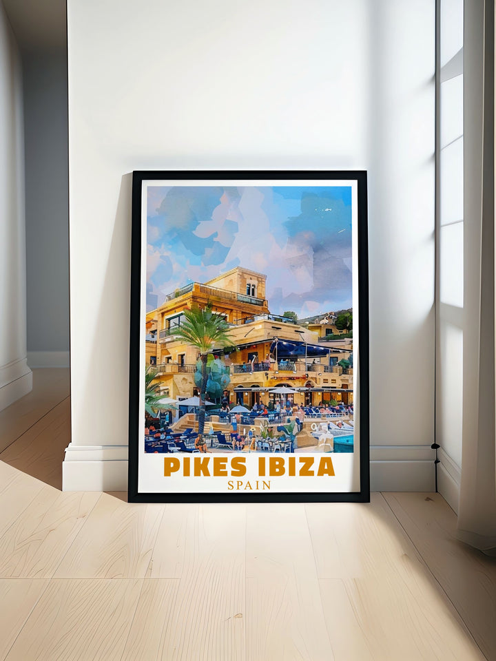 Pikes Ibiza Poster captures the vibrant nightlife of Ibiza perfect for outdoor area modern prints this stunning print brings the iconic Pikes Hotel and its legendary atmosphere into your living space