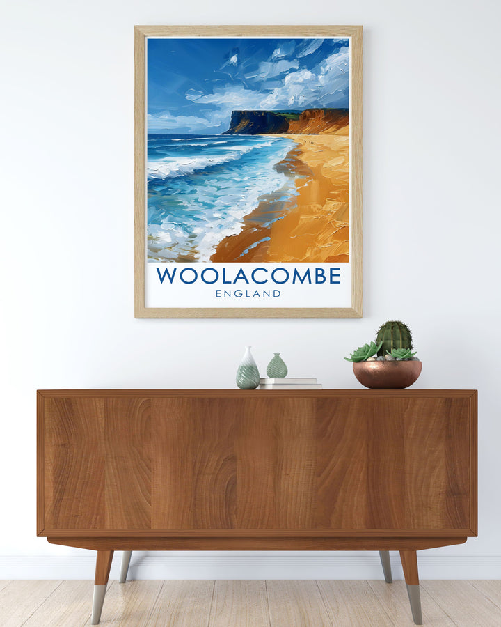 Elegant Woolacombe Beach wall art featuring the serene coastal scene of Devon perfect for living room or bedroom decor a unique and thoughtful gift for birthdays or special occasions