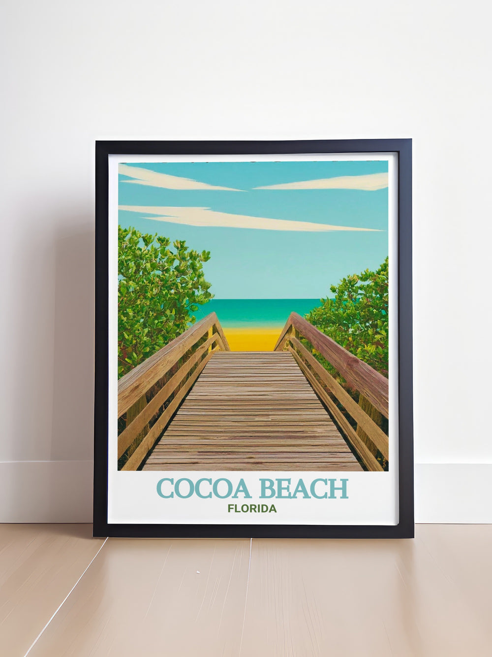 Decorative wall print of Lori Wilson Park, Cocoa Beach, illustrating the parks beautiful sandy beaches and lush greenery. Ideal for creating a relaxing coastal vibe in any room, this artwork is a great addition for those who love Floridas beach culture.