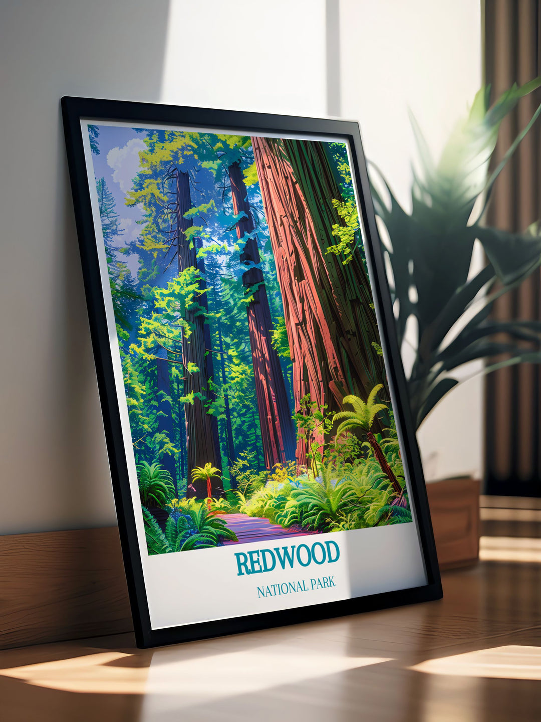 Grove of the Titans wall art offering a captivating glimpse into Californias majestic redwoods with vibrant colors ideal for stylish home decor