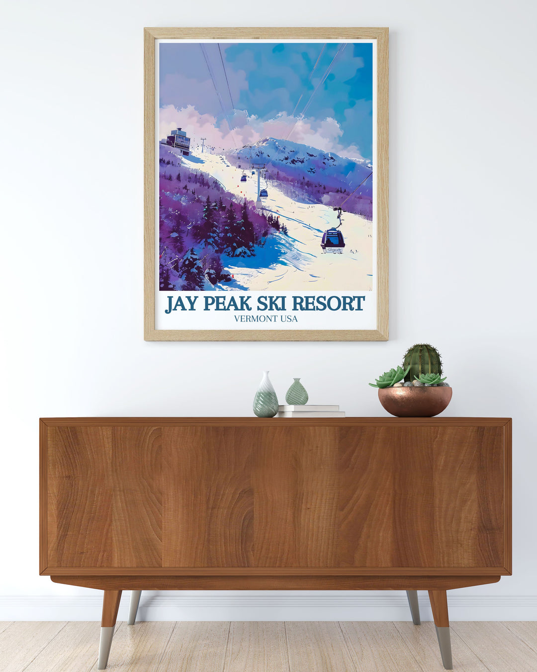 This travel print of Jay Peak Ski Resort showcases the natural beauty of Vermonts Green Mountains, featuring the famous ski slopes of Jay Peak and Burke Mountain. Perfect for skiers and adventure lovers, this art print adds a touch of Vermonts charm to any room.