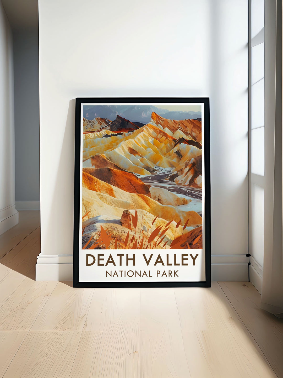 Zabriskie Point Print captures the breathtaking views of the badlands in Death Valley National Park, framed by the rugged mountains of California. This framed art is perfect for adventurers and nature lovers who appreciate the beauty of Americas wild landscapes.