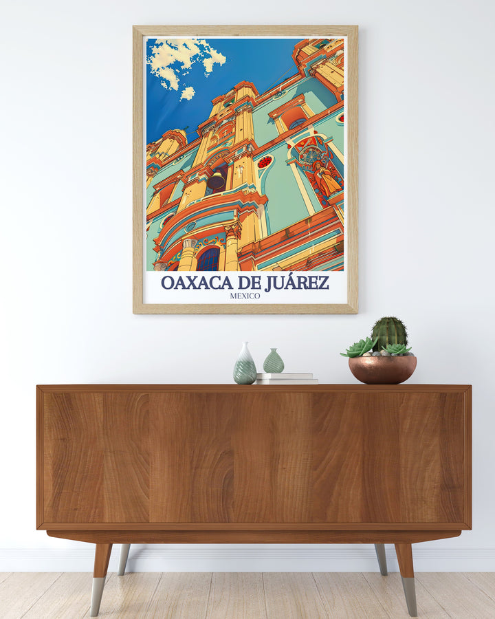 This detailed Oaxaca poster showcases the iconic Santo Domingo Church, a landmark in Oaxaca de Juárez, Mexico. The intricate designs of the churchs façade make it a focal point in this art print, bringing the elegance of colonial architecture into any space.