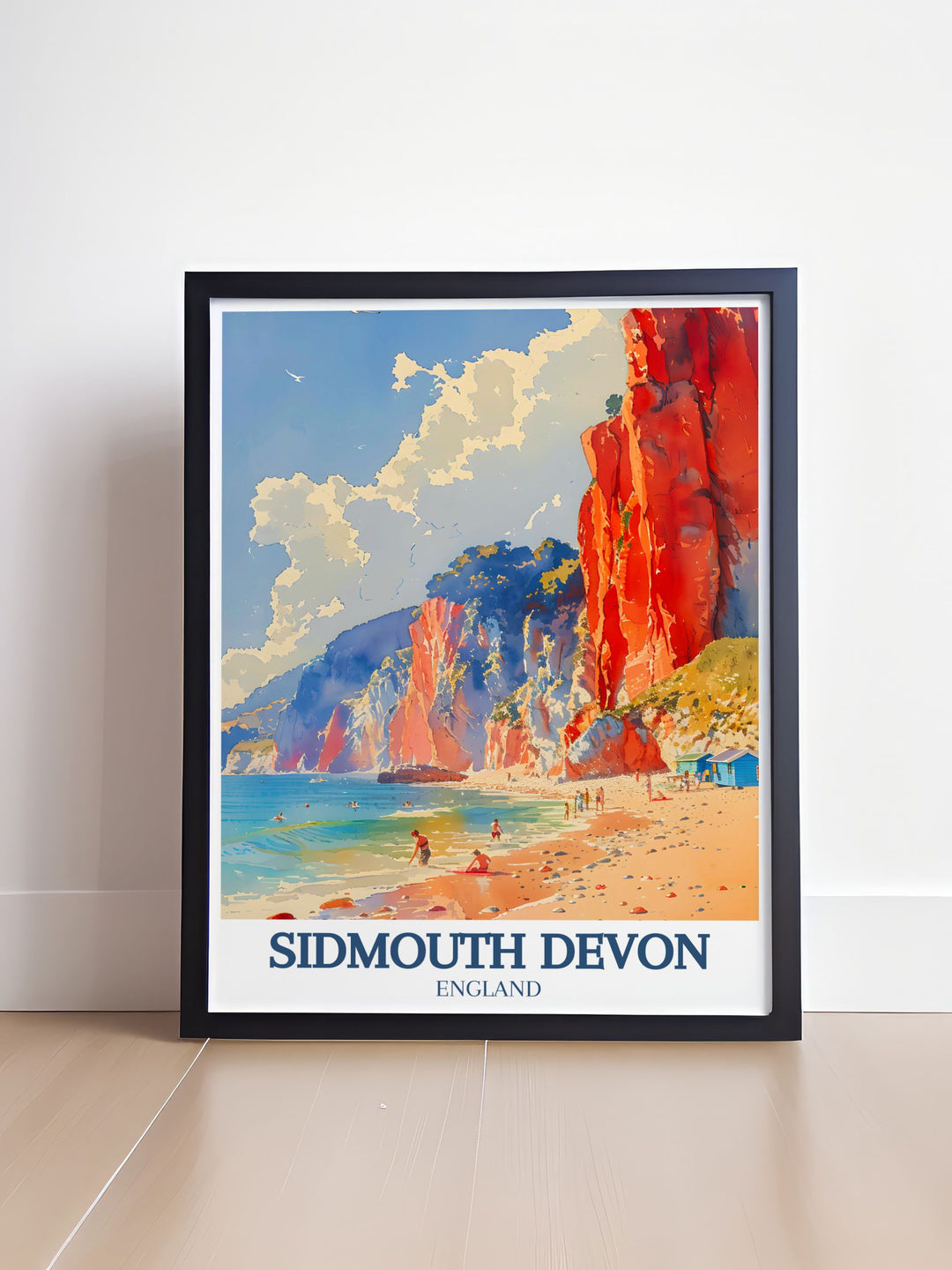 This travel poster highlights Sidmouth Beach in Devon, inviting viewers to imagine a tranquil day by the sea, with soft sand and gentle waves creating a serene escape, ideal for those who love seaside getaways.