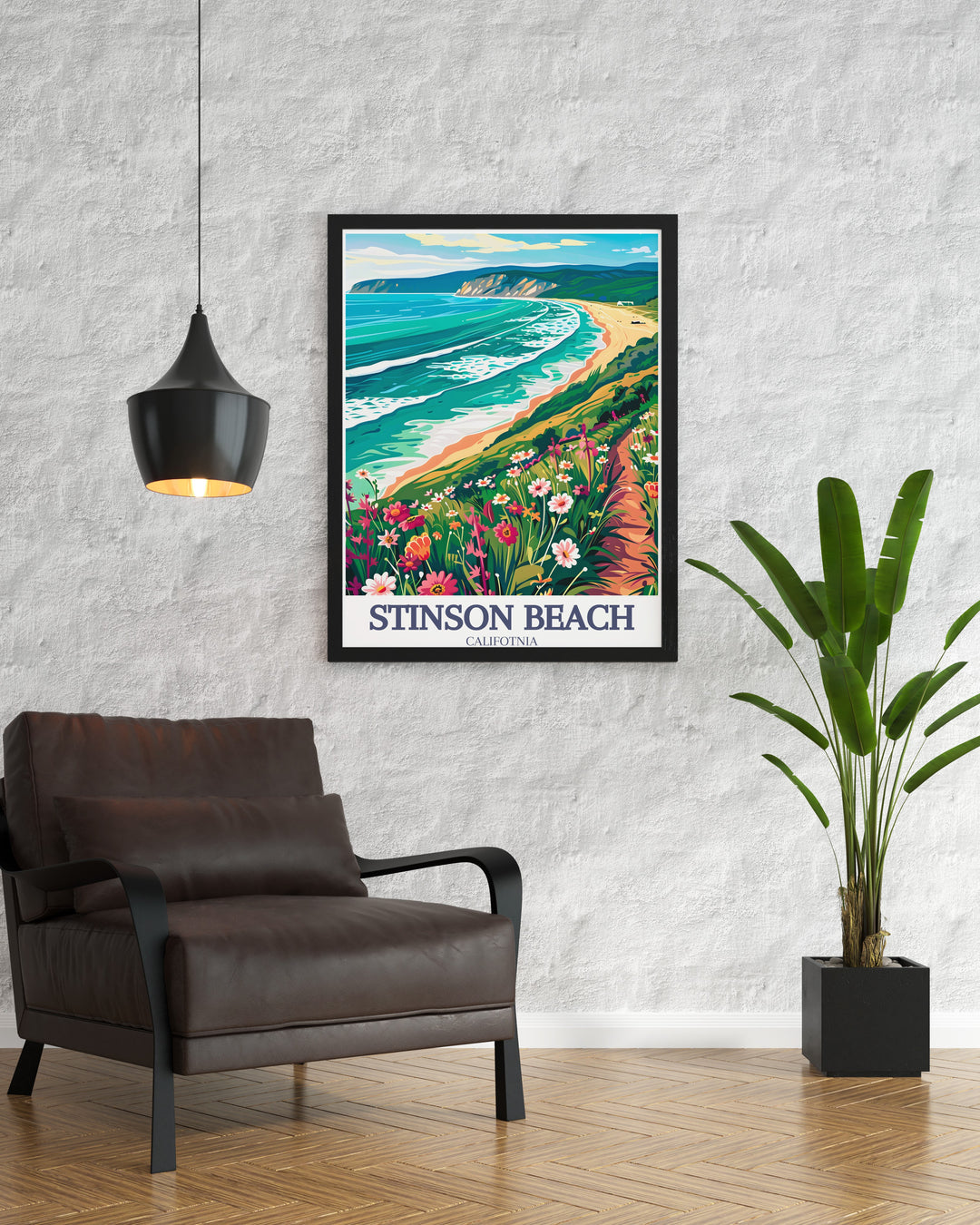 Our poster print of Stinson Beach beautifully captures the sweeping coastal views along Californias Pacific Ocean. This vibrant illustration highlights the golden sands and rolling waves of this iconic beach, making it the perfect addition to any coastal decor collection.