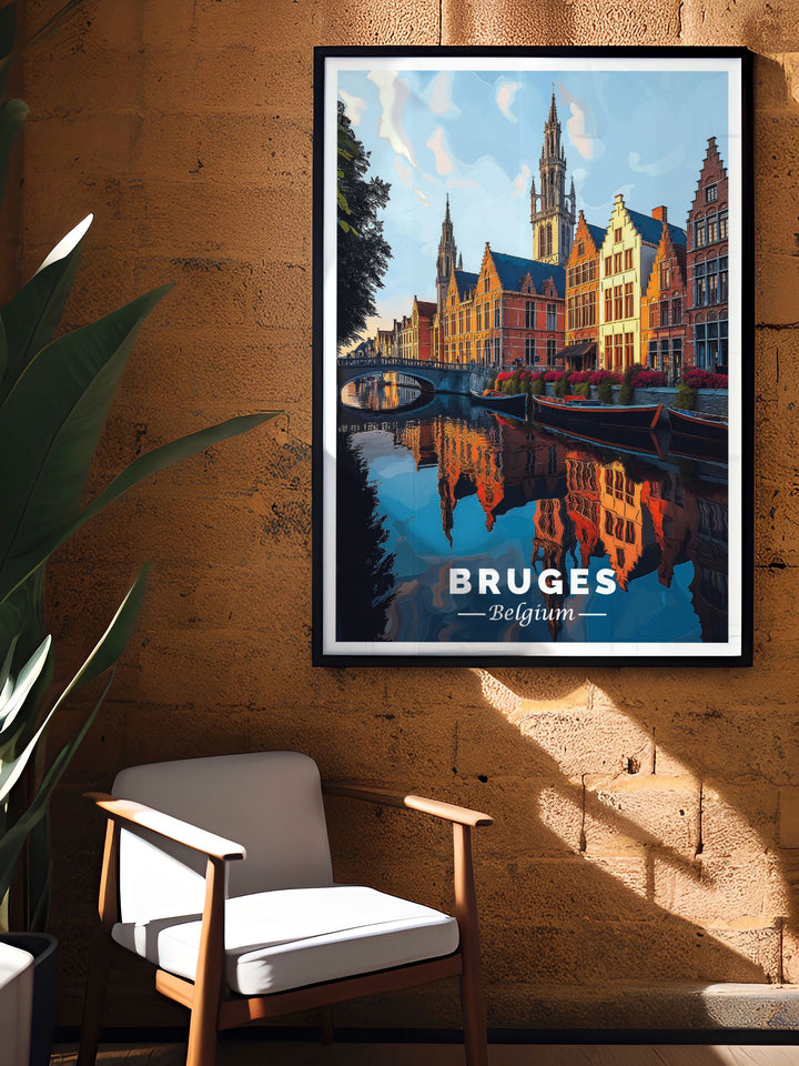 Elegant canal scene home decor featuring the stunning canals of Bruges Belgium. This vintage print offers a timeless piece of art that complements both modern and traditional interiors perfect for adding a touch of sophistication to any space.
