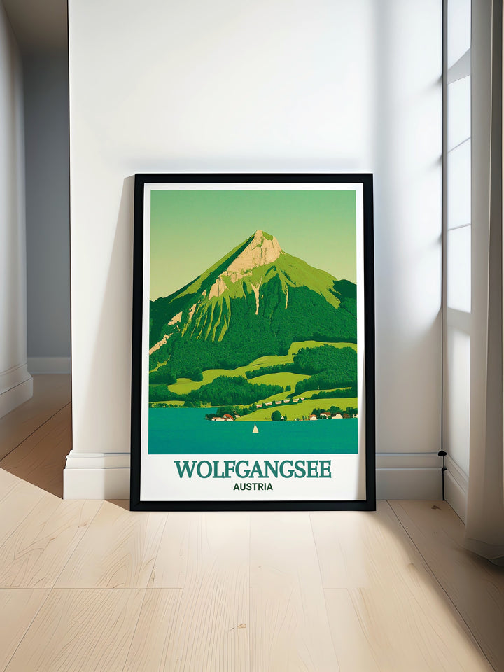 Scenic poster of Wolfgangsee and Schafberg Mountain, featuring the picturesque views and serene environment. This artwork is perfect for adding a touch of Austrias natural beauty to your home, making it a great choice for anyone who appreciates fine art and travel.