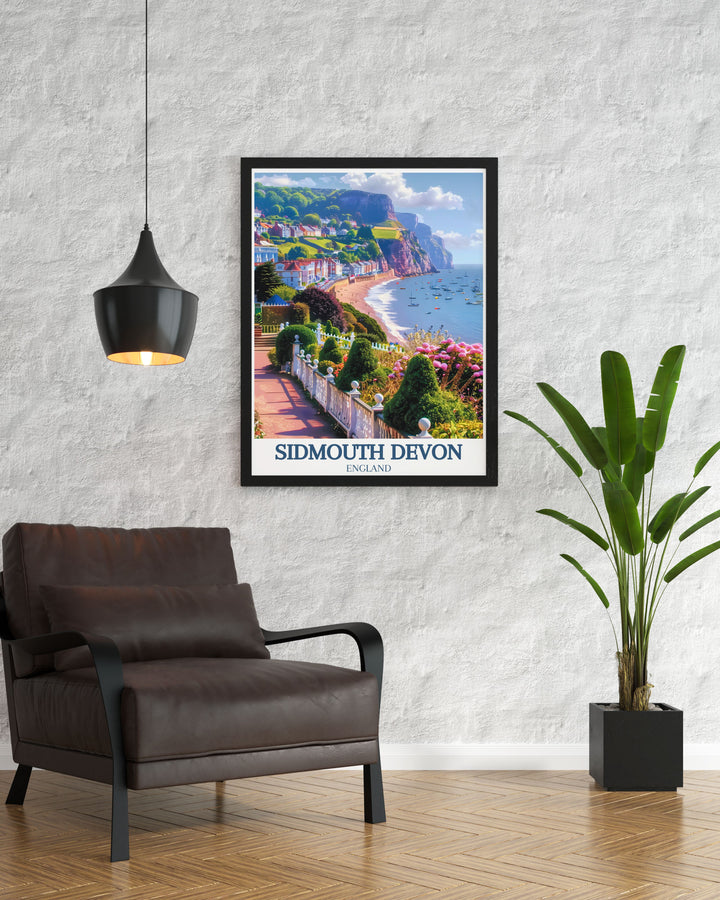 The Esplanade in Sidmouth is beautifully illustrated in this poster, highlighting its historic charm and vibrant gardens, making it an excellent addition for those who appreciate coastal elegance and scenic strolls.