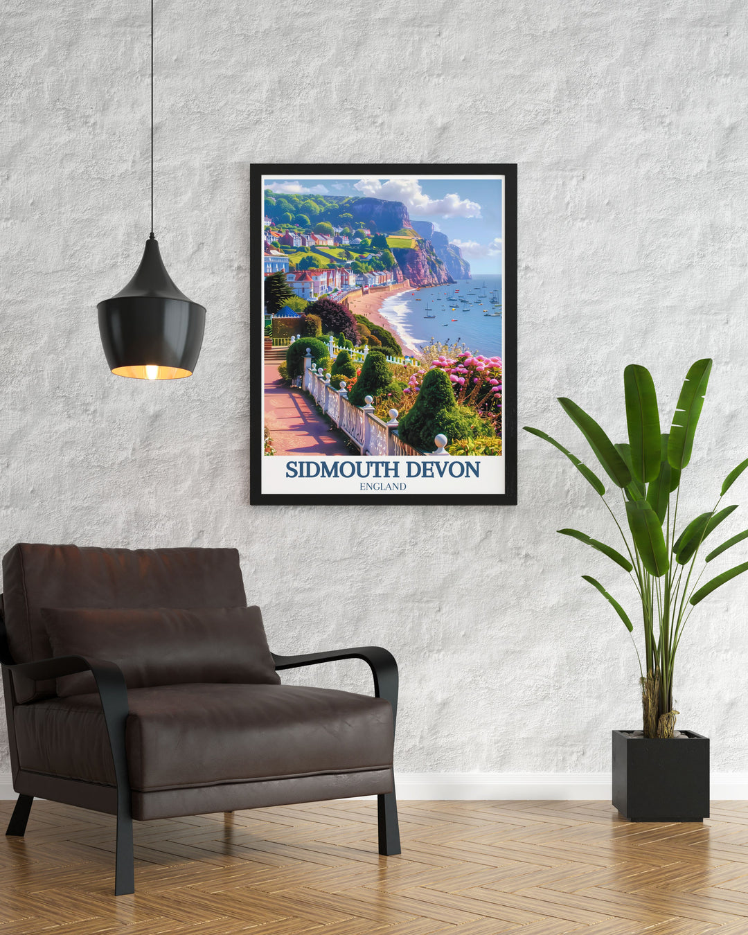 This art print captures Sidmouths coastal charm, with the Esplanade and Jurassic Coast in full view. The retro design and striking colors make this piece a unique gift for anyone who loves Devons seaside towns or travel inspired decor.