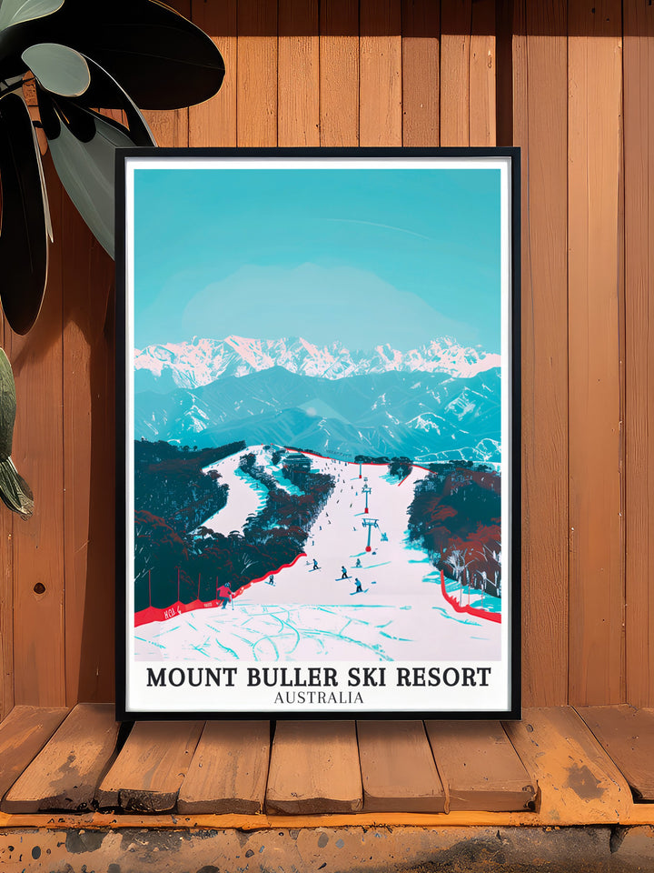 Mount Buller Ski Resort Vintage Poster combining the classic charm of vintage travel art with the dynamic energy of one of Australias top ski destinations. The poster highlights the picturesque slopes and vibrant ski culture, making it a timeless piece for those who love both vintage design and the thrill of skiing.