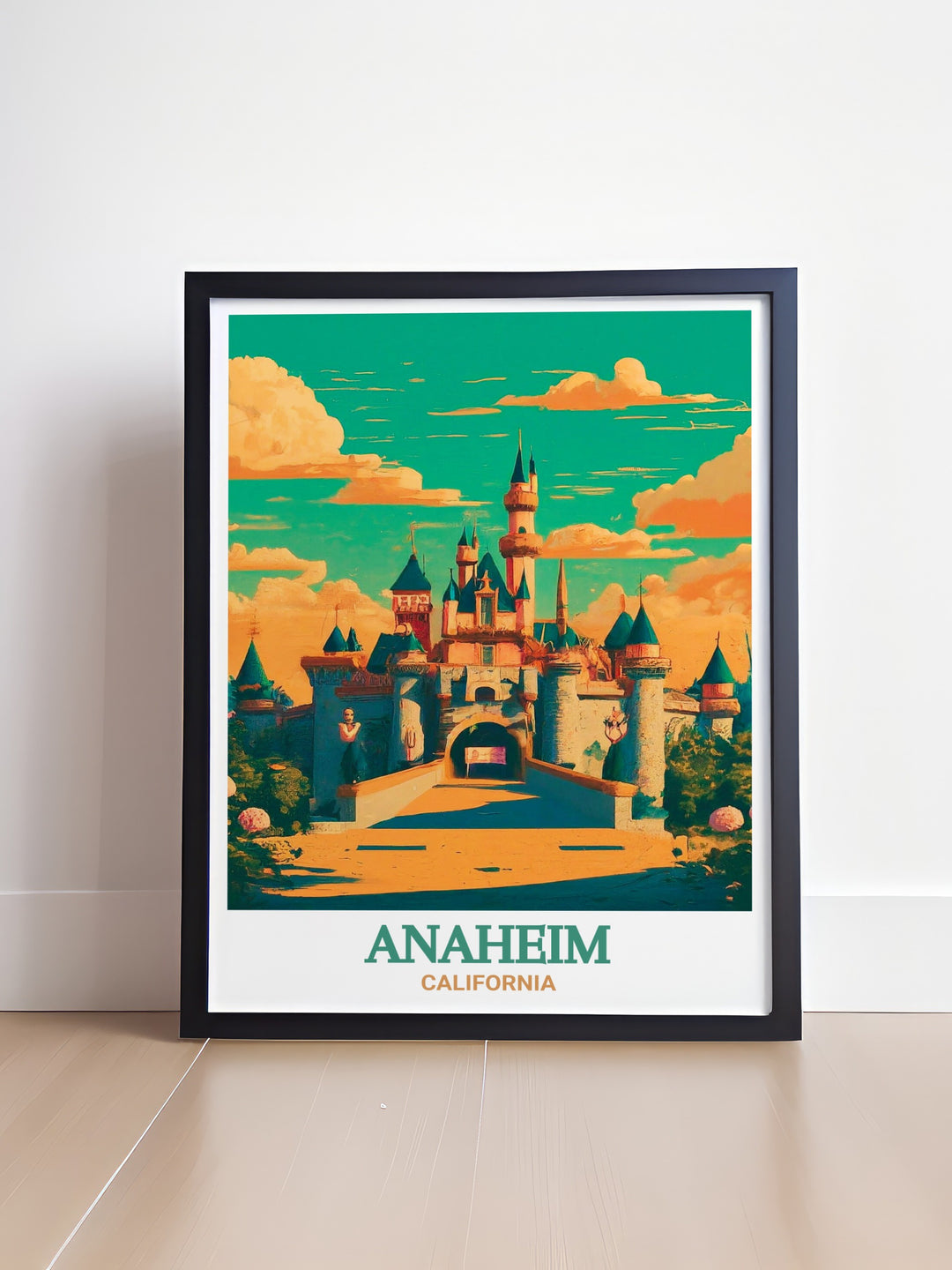 Poster of Anaheims Disneyland Resort capturing the stunning views of the park with its vibrant atmosphere and enchanting charm. Perfect for enhancing your home decor with a touch of magic.