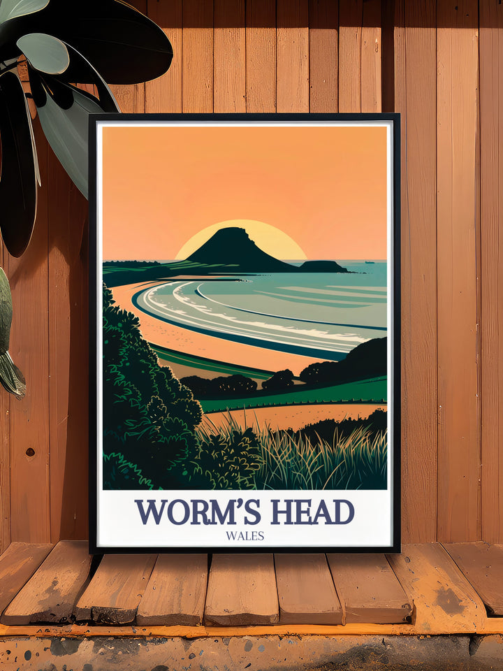 Worms Head Art Print showcases the striking coastal views of the Gower Peninsula and the rugged beauty of Rhossili Bay. This travel print is perfect for nature lovers and those who appreciate the stunning scenery of the UK, offering a beautiful and serene addition to any living space.