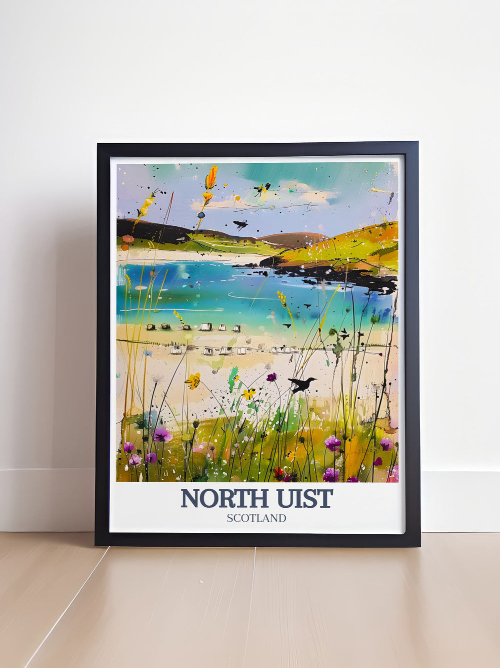 This North Uist poster print captures the raw beauty of the Outer Hebrides, featuring Balranald Nature Reserve and the ancient Barpa Langass cairn. Ideal for nature lovers and Scottish travel enthusiasts, this canvas art is perfect for adding a touch of wilderness to your home decor.