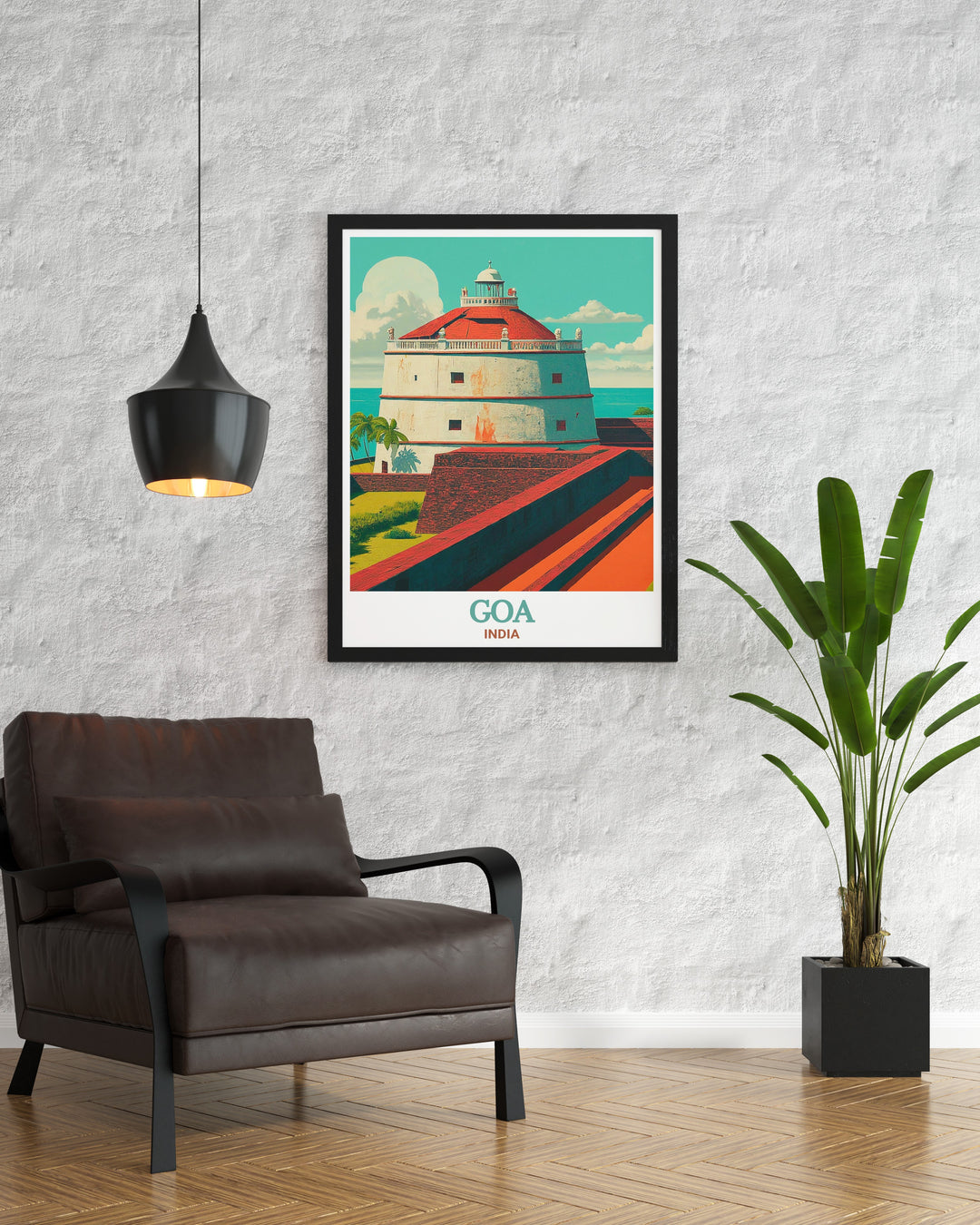 India wall art showcasing Fort Aguada in Goa, a fortress known for its historical significance and breathtaking views of the Arabian Sea. This print captures the beauty and strength of the fort, making it a perfect addition to any decor, ideal for those who love travel and history.