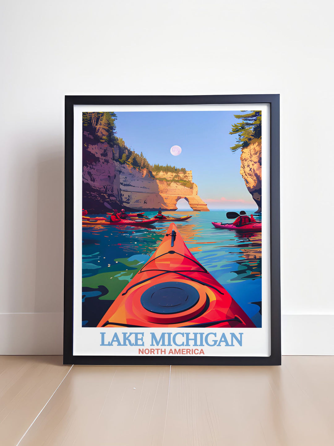 Pictured Rocks National Lakeshore Framed Prints with Lake Michigan Travel Print showcase the beauty of nature in a modern elegant style. This Great Lakes Art is perfect for any home looking to bring a touch of serene decor.