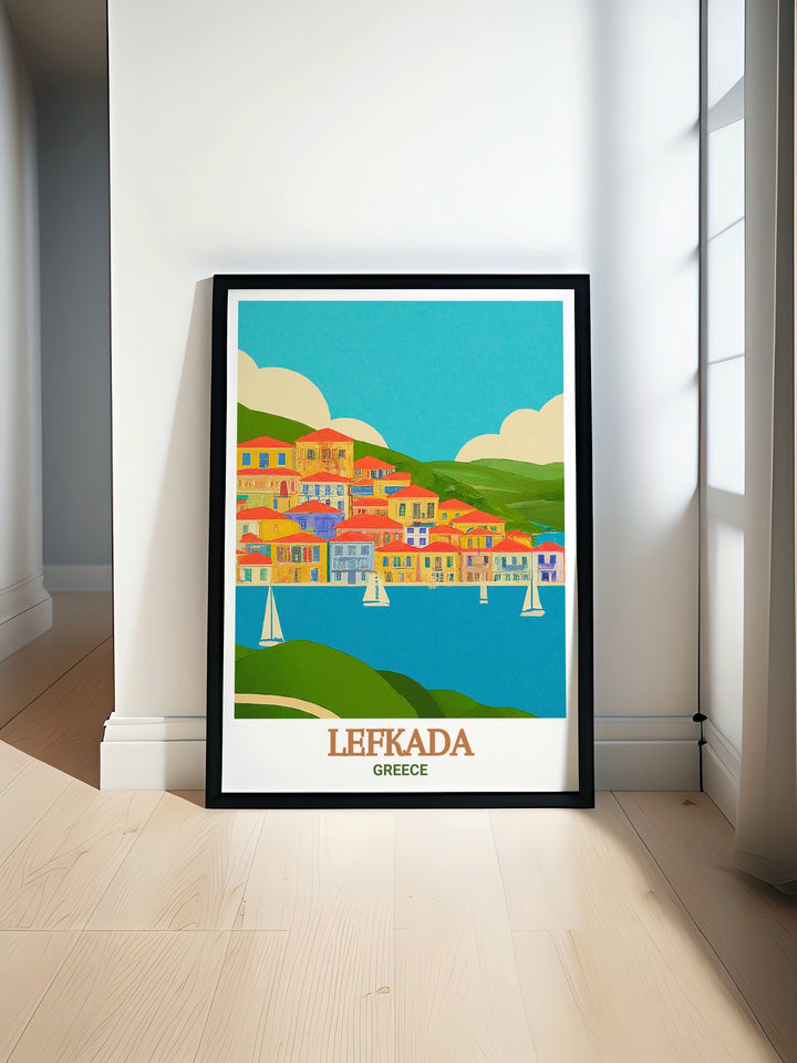 Lefkada Town Wall Art showcases the beautiful streets and coastline of this iconic Greek island making it an ideal addition to your home decor. This Greece Island Print brings the elegance and serenity of Lefkada to your living room or bedroom with stunning visuals.