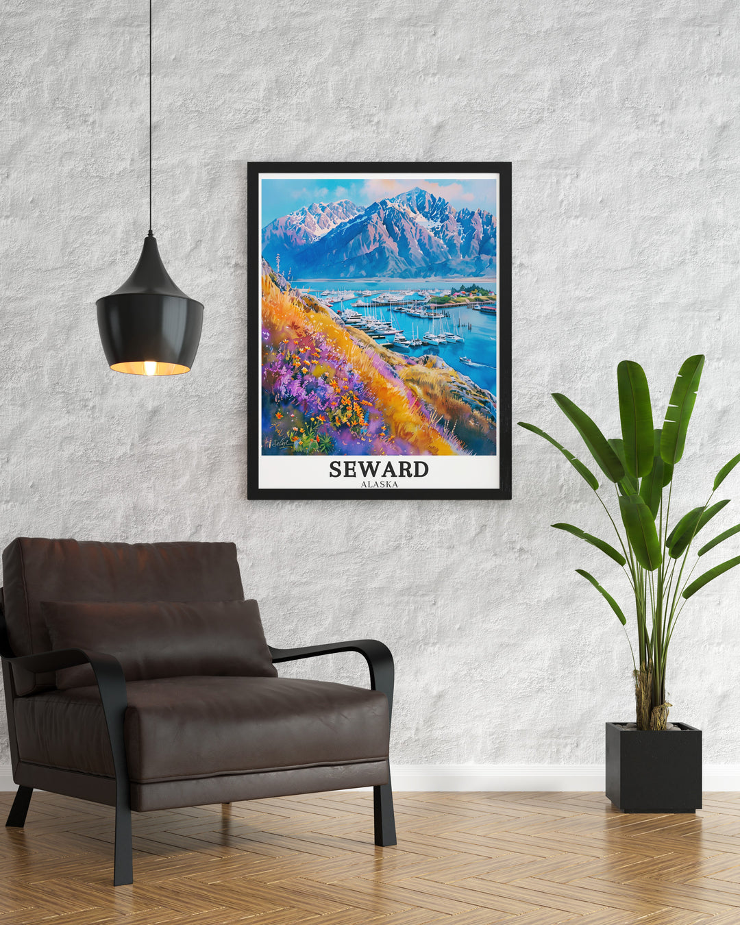 Beautiful Alaska travel art depicting the iconic Kenai Mountains and the lively Seward Harbor. The print captures the spirit of Alaskas natural beauty and the hardworking community of Seward, making it a timeless addition to any decor