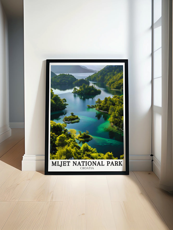 Mljet National Park, a hidden gem in Croatia, is captured in stunning detail in this artwork. The tranquil Veliko and Malo Jezero lakes, surrounded by lush greenery, provide a peaceful escape. Perfect for nature lovers, this print brings the serenity of Mljet into your home, offering a daily reminder of the beauty of Croatias pristine landscapes.