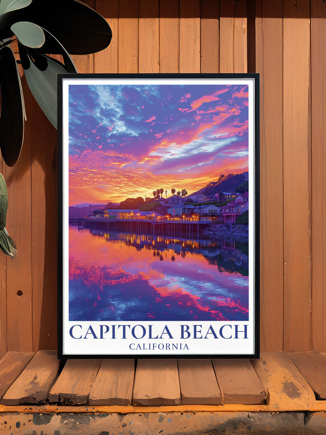 Detailed Sunset over Capitola Wharf Vintage Print highlighting the Wharfs scenic charm a beautiful addition to your California Wall Decor perfect for personal enjoyment or as a thoughtful gift for loved ones