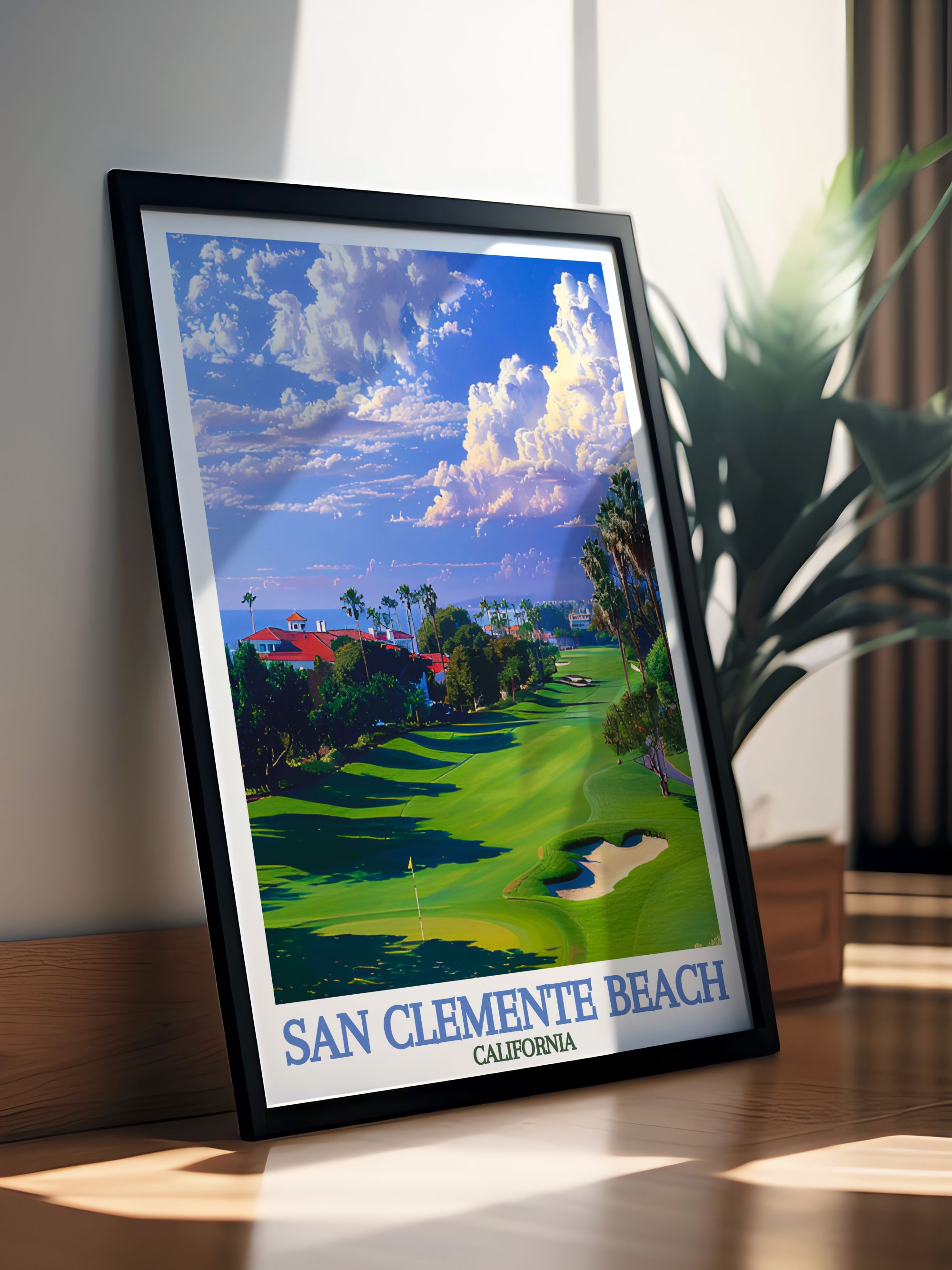 Framed golf course artwork and canvas golf prints featuring scenic fairways and championship venues in elegant interior design settings